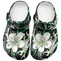 Samoa Siapo Tribal Pattern Clogs Shoes Forest Green Polynesian Plumeria Tapa Motif