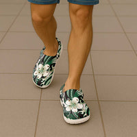 Samoa Siapo Tribal Pattern Clogs Shoes Forest Green Polynesian Plumeria Tapa Motif
