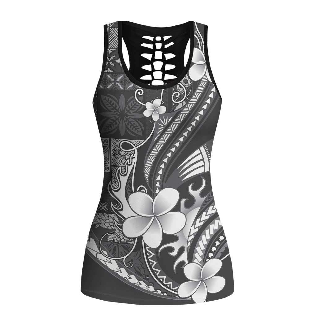 Samoa Siapo Tribal Pattern Hollow Tank Top Light Gray Polynesian Plumeria Tapa Motif