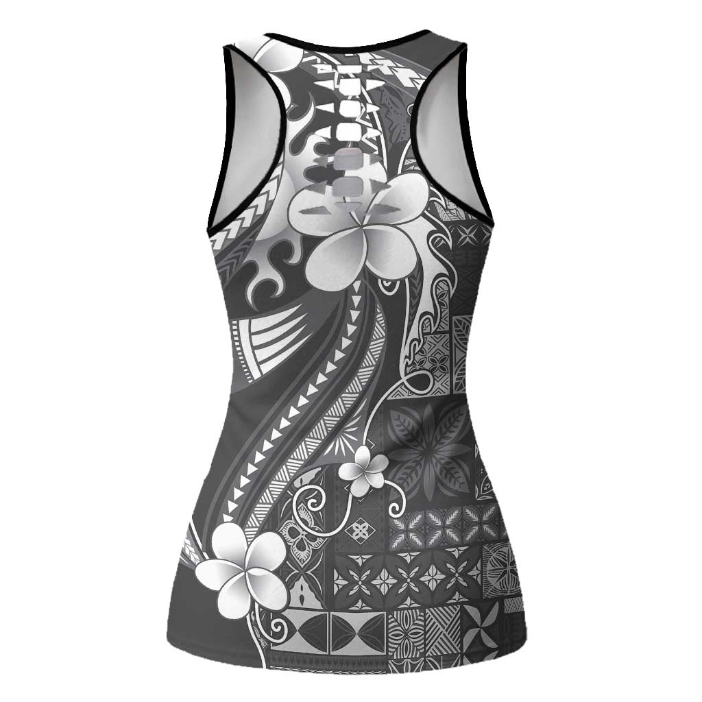 Samoa Siapo Tribal Pattern Hollow Tank Top Light Gray Polynesian Plumeria Tapa Motif