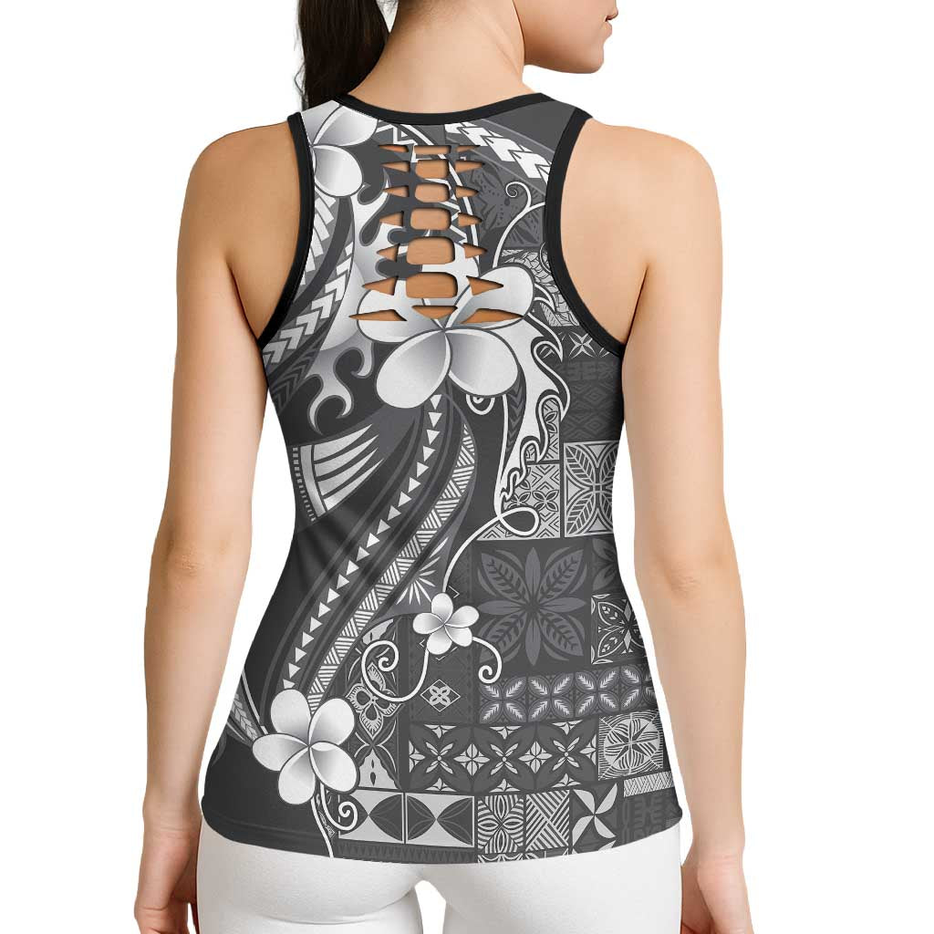 Samoa Siapo Tribal Pattern Hollow Tank Top Light Gray Polynesian Plumeria Tapa Motif