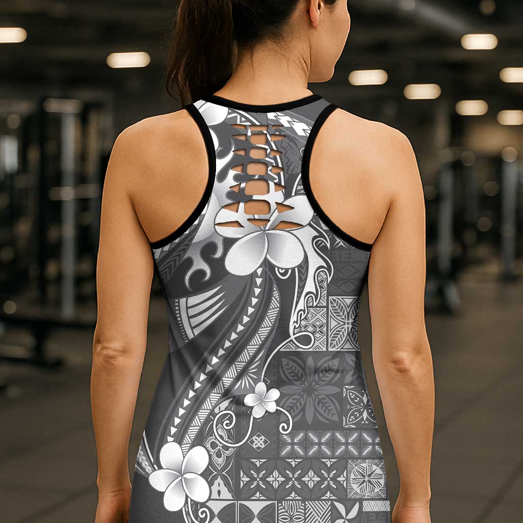Samoa Siapo Tribal Pattern Hollow Tank Top Light Gray Polynesian Plumeria Tapa Motif