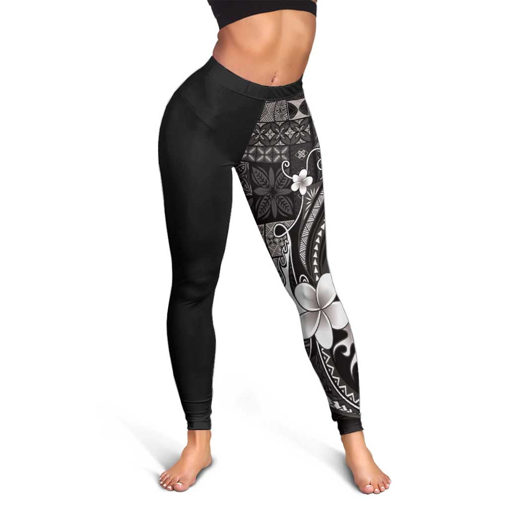 Samoa Siapo Tribal Pattern Leggings Black Polynesian Plumeria Tapa Motif