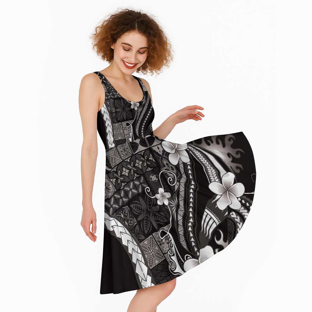 Samoa Siapo Tribal Pattern Midi Dress Black Polynesian Plumeria Tapa Motif