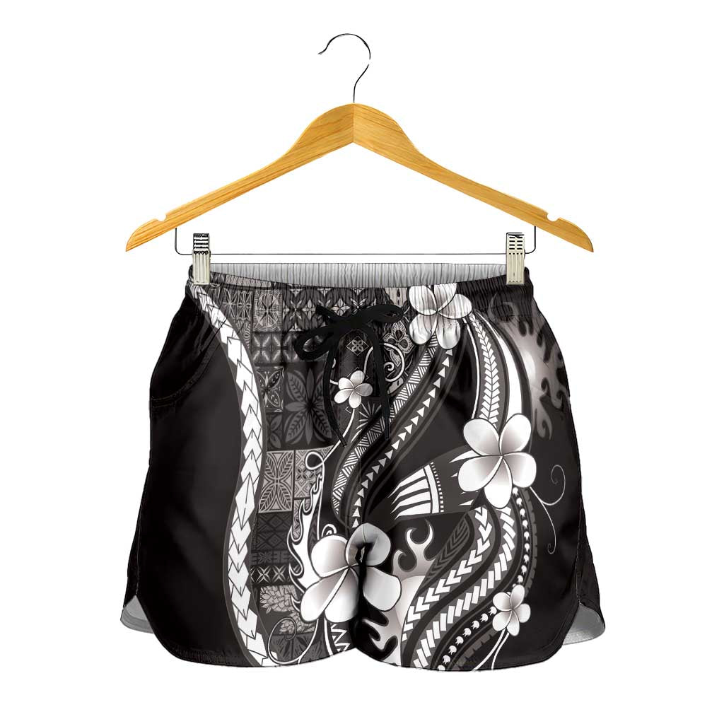 Samoa Siapo Tribal Pattern Shorts for Women Black Polynesian Plumeria Tapa Motif