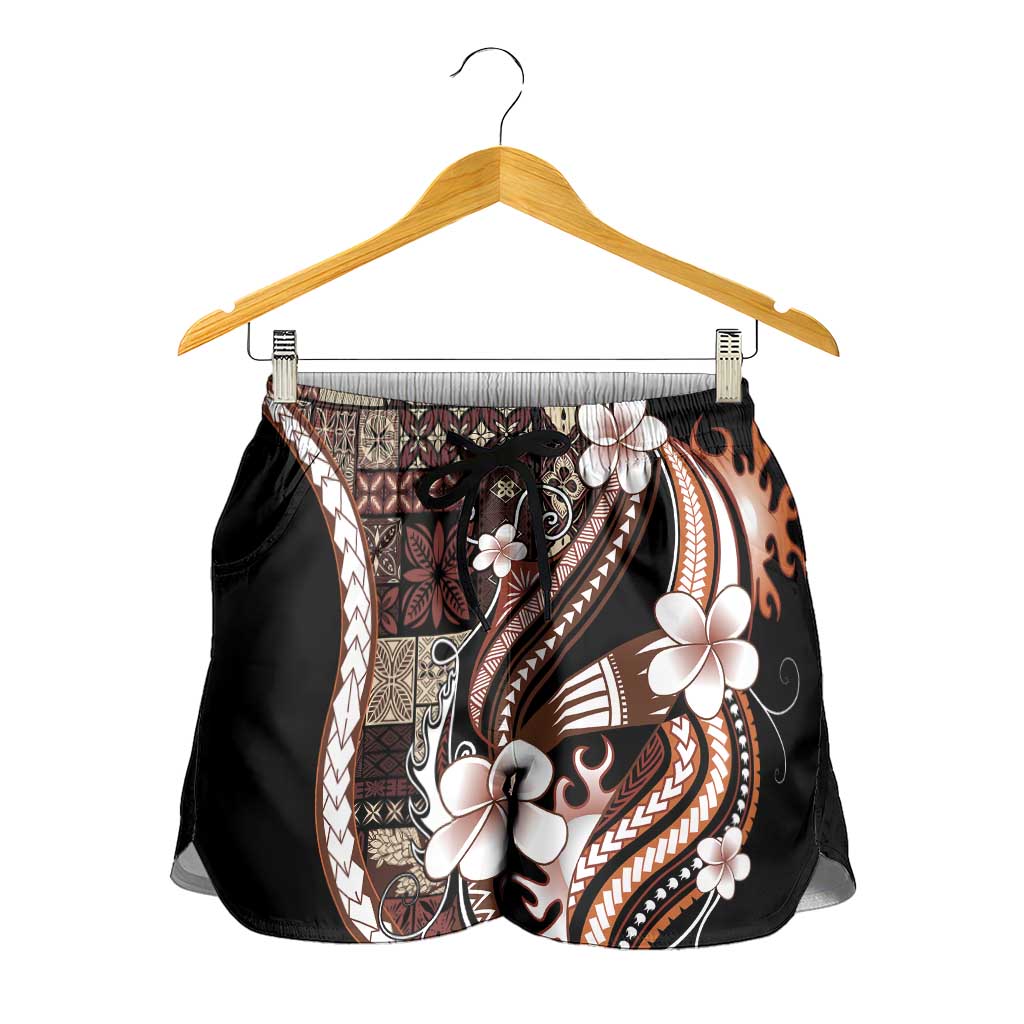 Samoa Siapo Tribal Pattern Shorts for Women Brown Polynesian Plumeria Tapa Motif