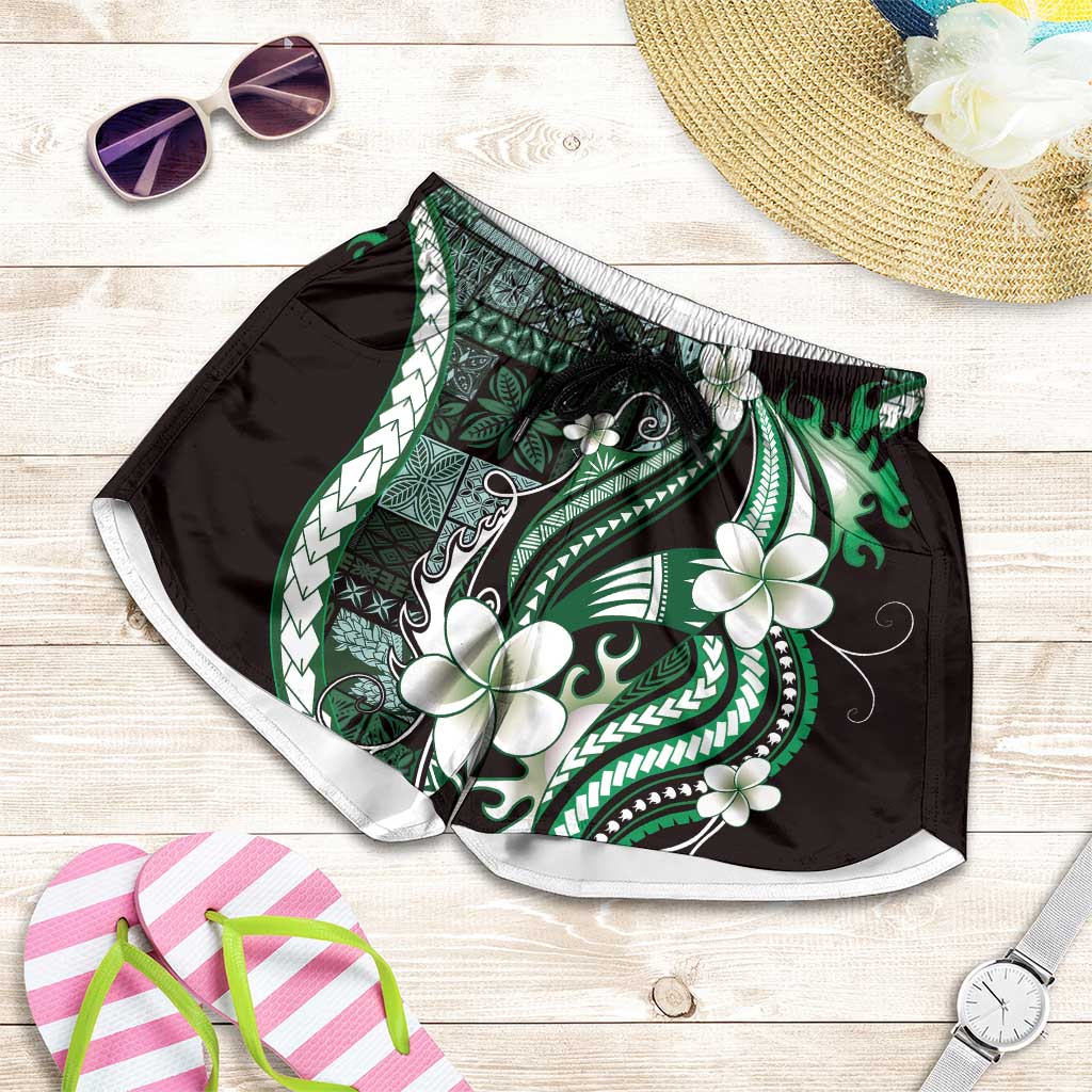 Samoa Siapo Tribal Pattern Shorts for Women Forest Green Polynesian Plumeria Tapa Motif