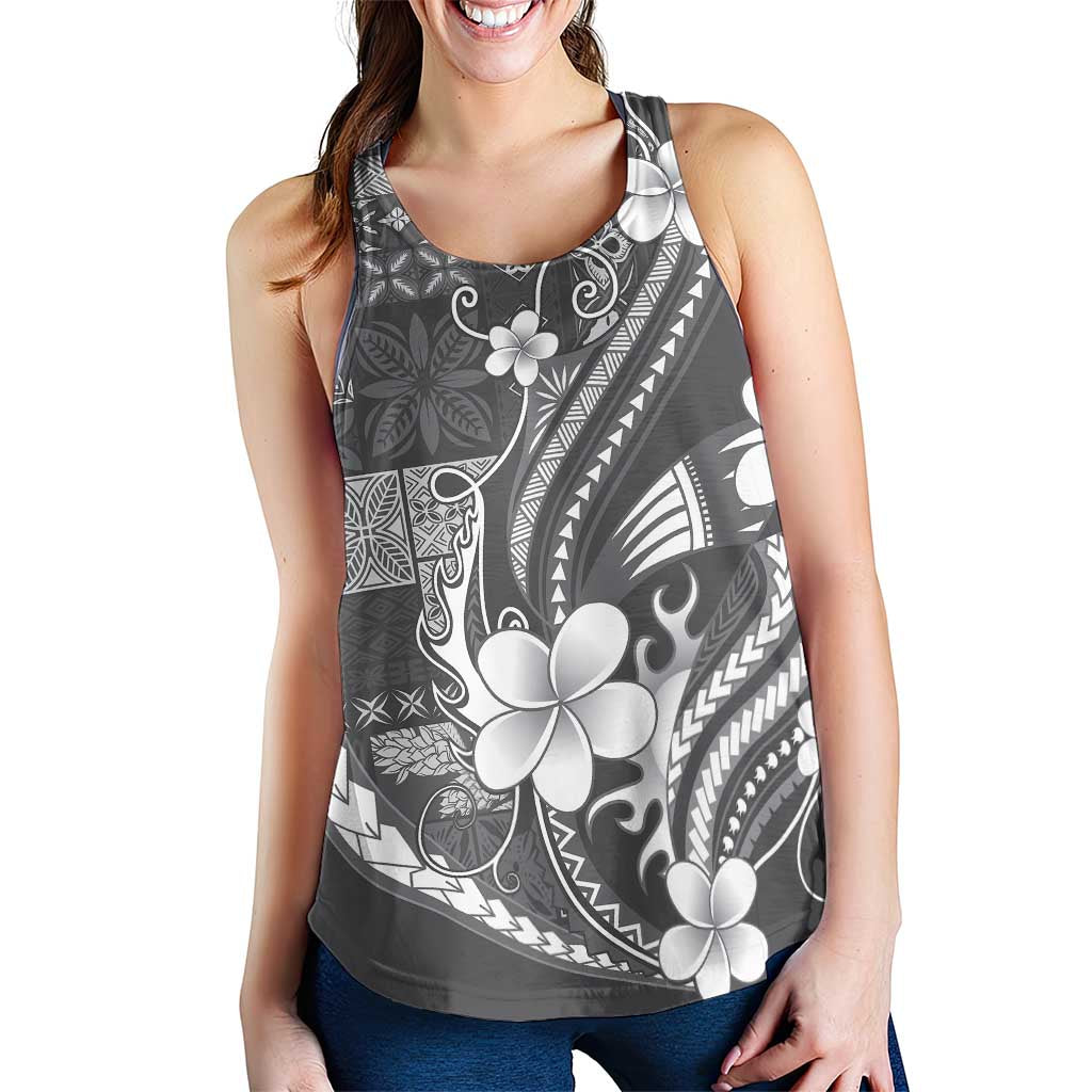 Samoa Siapo Tribal Pattern Women Racerback Tank Light Gray Polynesian Plumeria Tapa Motif