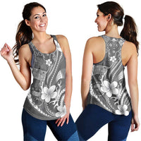 Samoa Siapo Tribal Pattern Women Racerback Tank Light Gray Polynesian Plumeria Tapa Motif