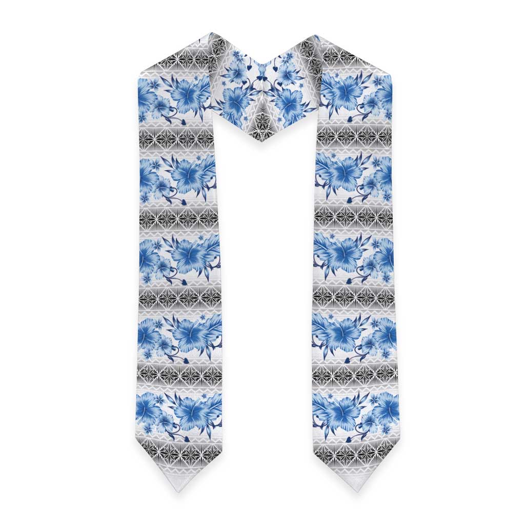 Samoa White Sunday Graduation Stole Samoan Tapa Blue Hibiscus LT05 - Polynesian Pride