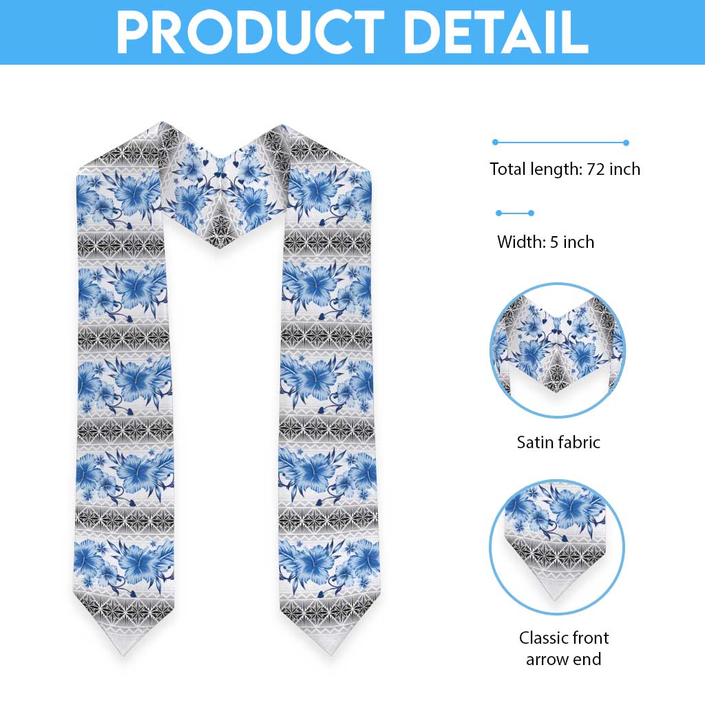 Samoa White Sunday Graduation Stole Samoan Tapa Blue Hibiscus LT05 - Polynesian Pride