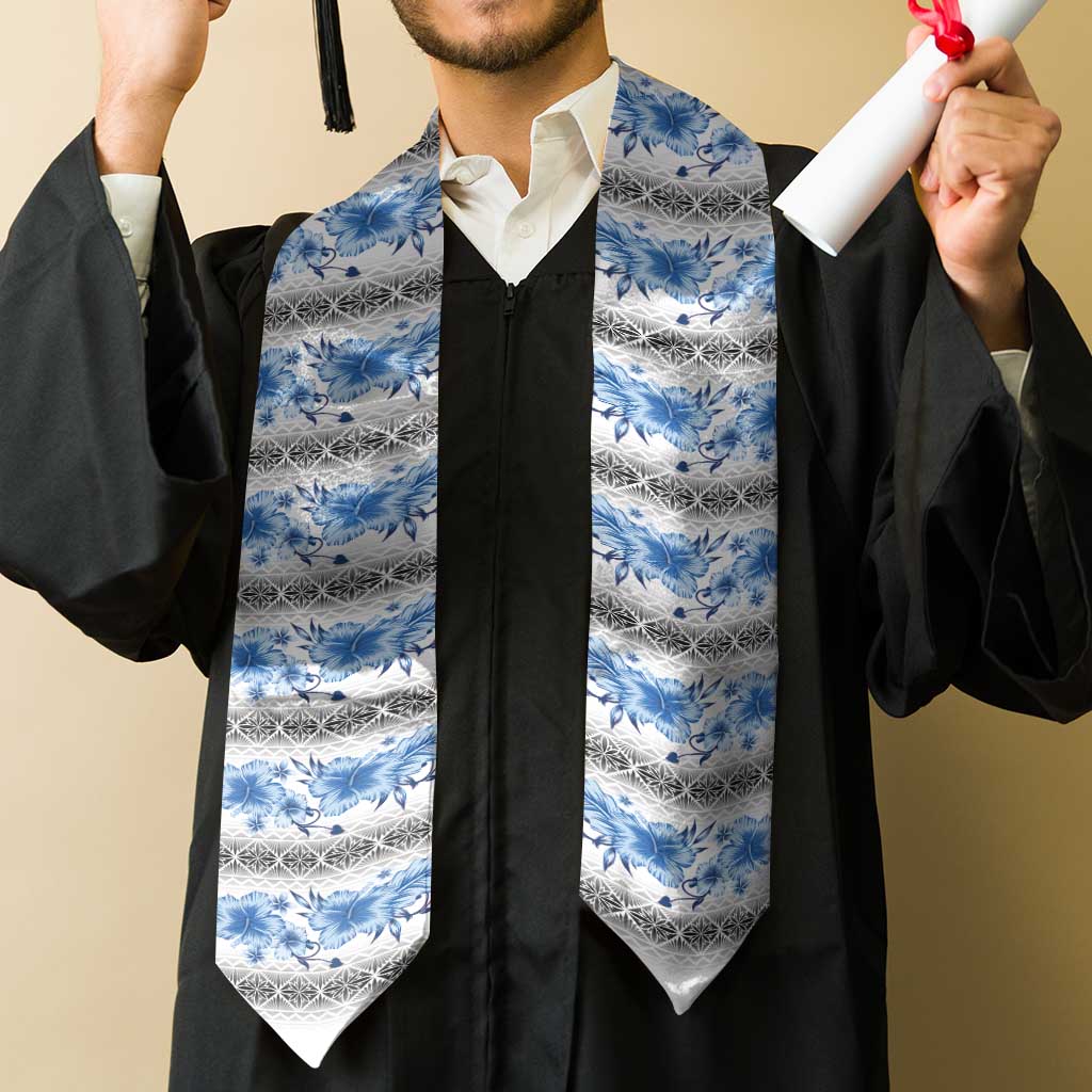Samoa White Sunday Graduation Stole Samoan Tapa Blue Hibiscus LT05 - Polynesian Pride