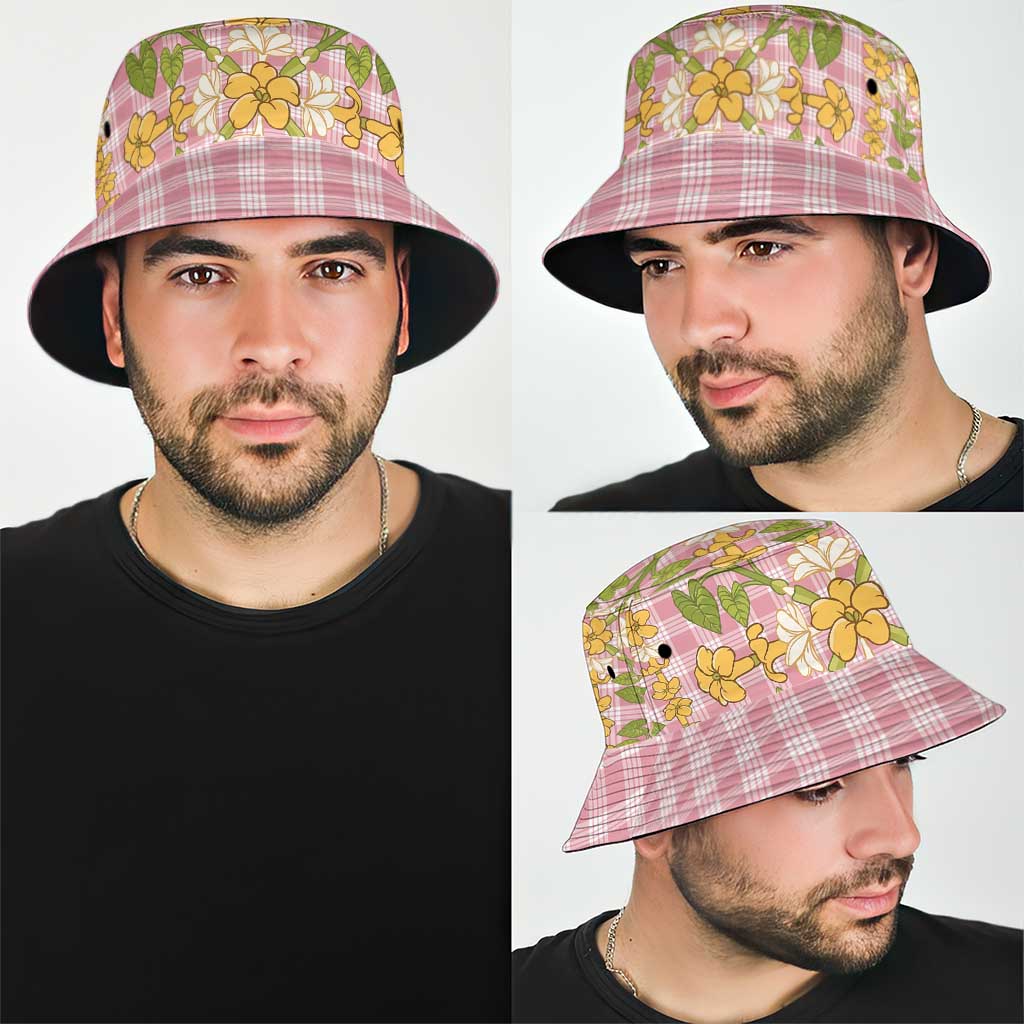 Squares Puakenikeni and Kalo Bucket Hat Pink Palaka Hawaiian Quilt Pattern - Polynesian Pride