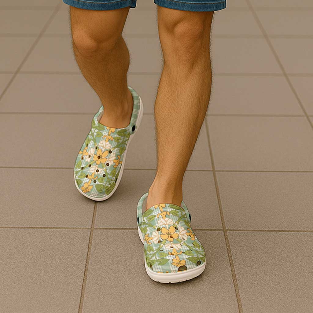 Squares Puakenikeni and Kalo Clogs Shoes Turquoise Palaka Hawaiian Quilt Pattern - Polynesian Pride