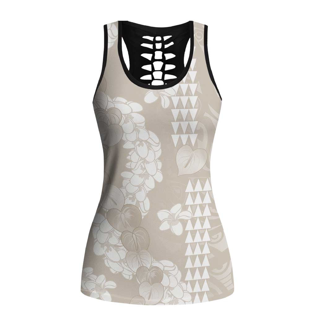 Suede Beige Hawaii Anthurium Plumeria Lei Hollow Tank Top