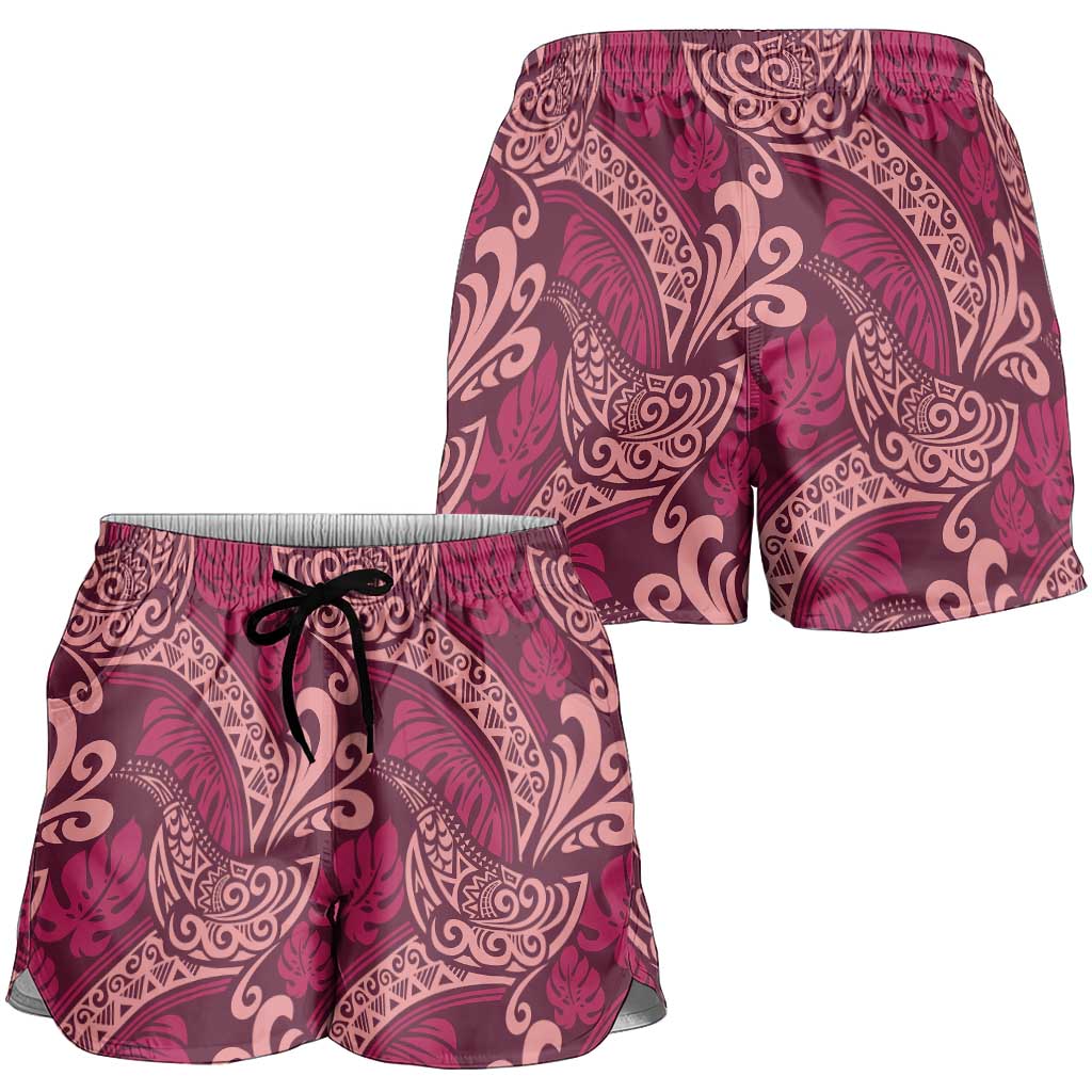 Sweet Pink Monstera Shorts for Women Polynesian Tribal Pattern - Polynesian Pride