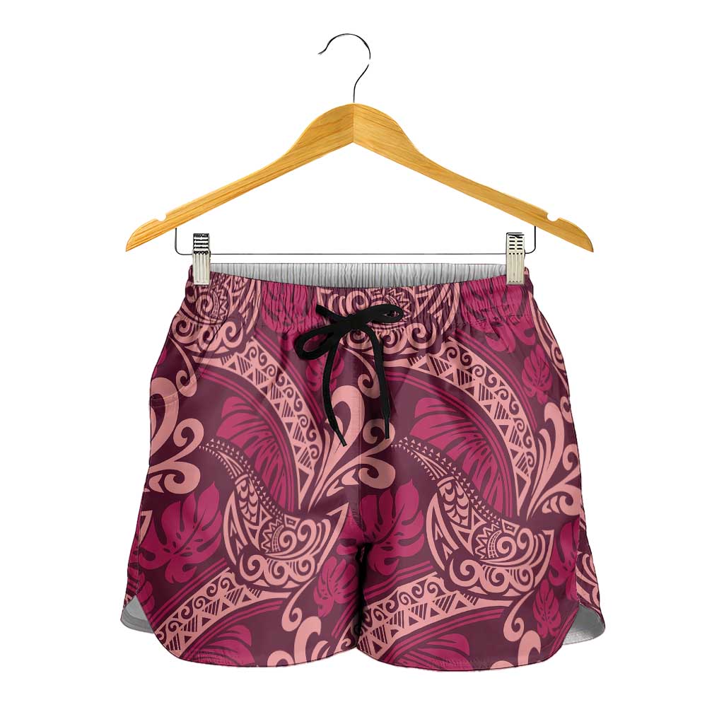 Sweet Pink Monstera Shorts for Women Polynesian Tribal Pattern - Polynesian Pride