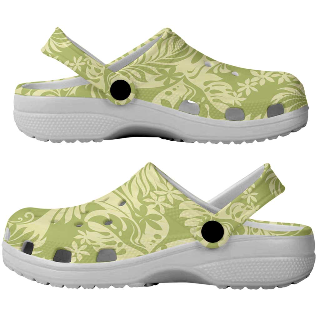 Tahiti Olive Tiare Floral Clogs Shoes Monstera Palm Tropical Leaves - Polynesian Pride