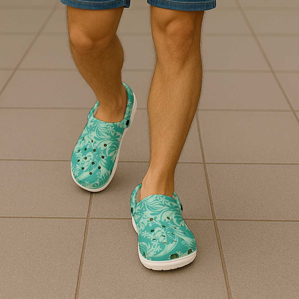 Tahiti Teal Tiare Floral Clogs Shoes Monstera Palm Tropical Leaves - Polynesian Pride