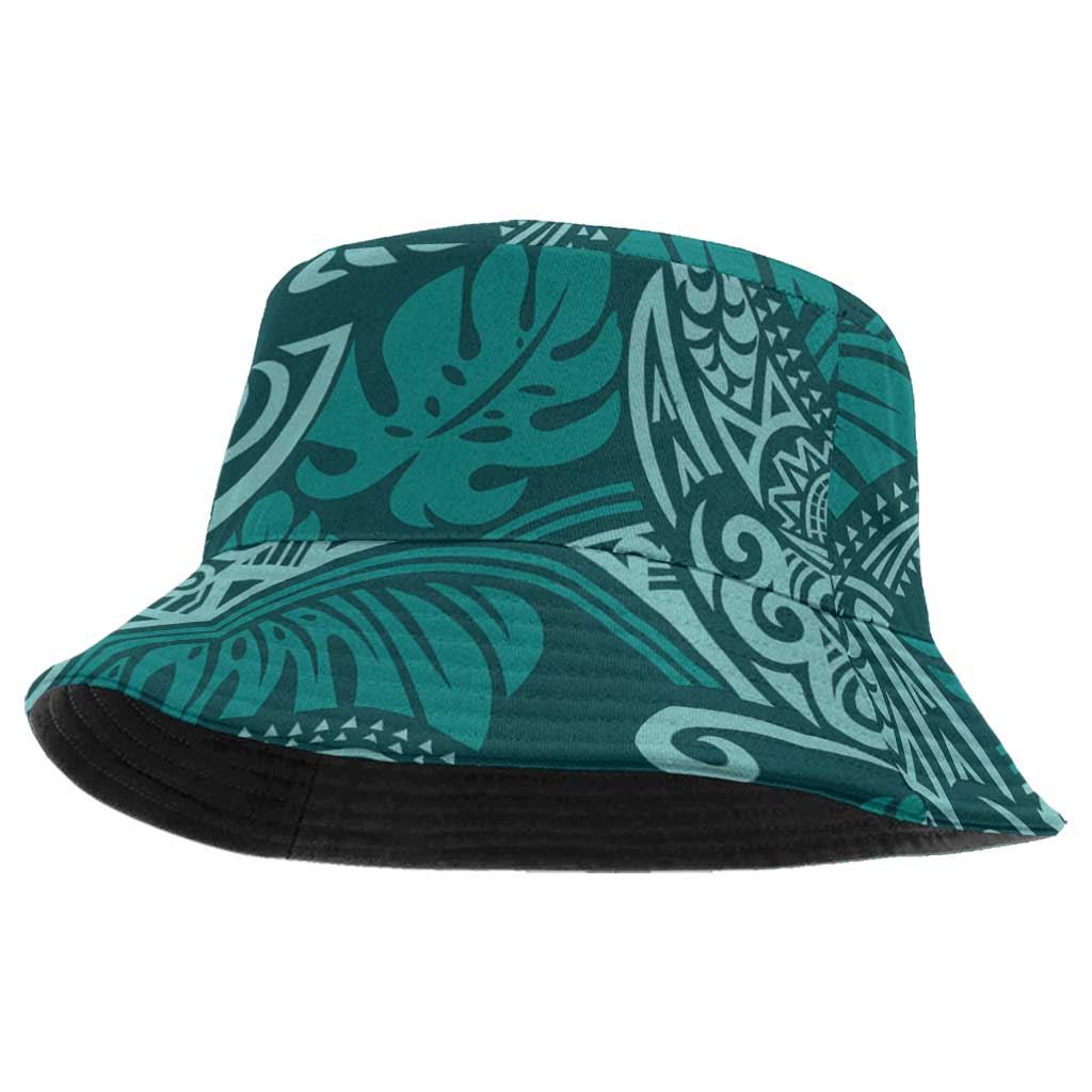 Teal Monstera Bucket Hat Polynesian Tribal Pattern - Polynesian Pride