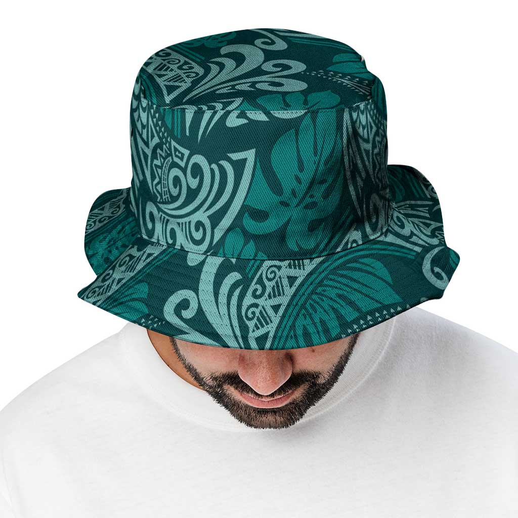 Teal Monstera Bucket Hat Polynesian Tribal Pattern - Polynesian Pride