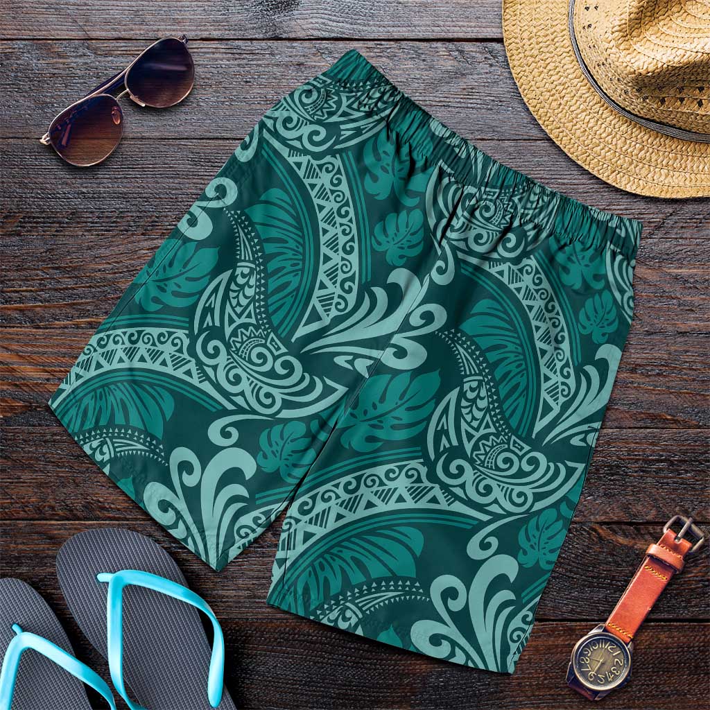 Teal Monstera Shorts for Men Polynesian Tribal Pattern - Polynesian Pride
