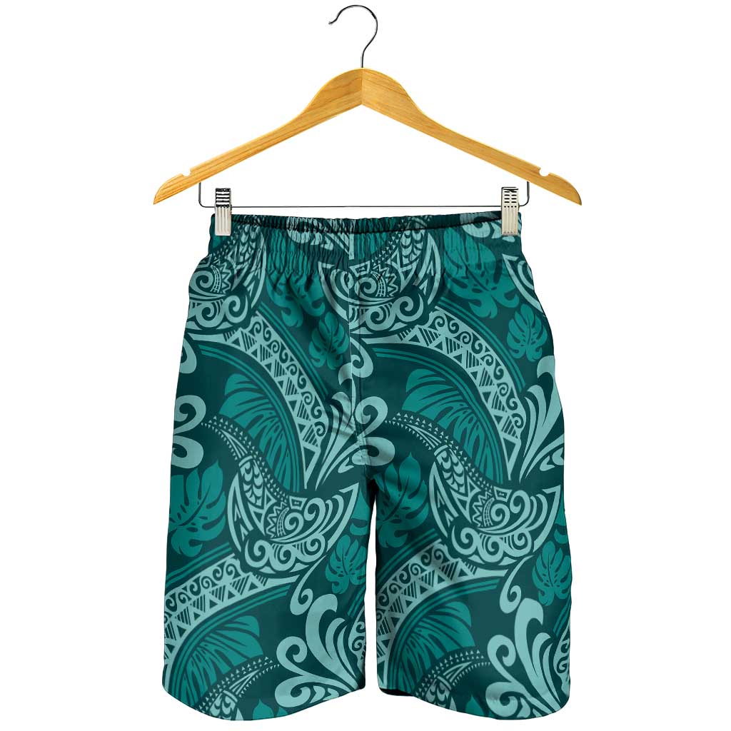 Teal Monstera Shorts for Men Polynesian Tribal Pattern - Polynesian Pride