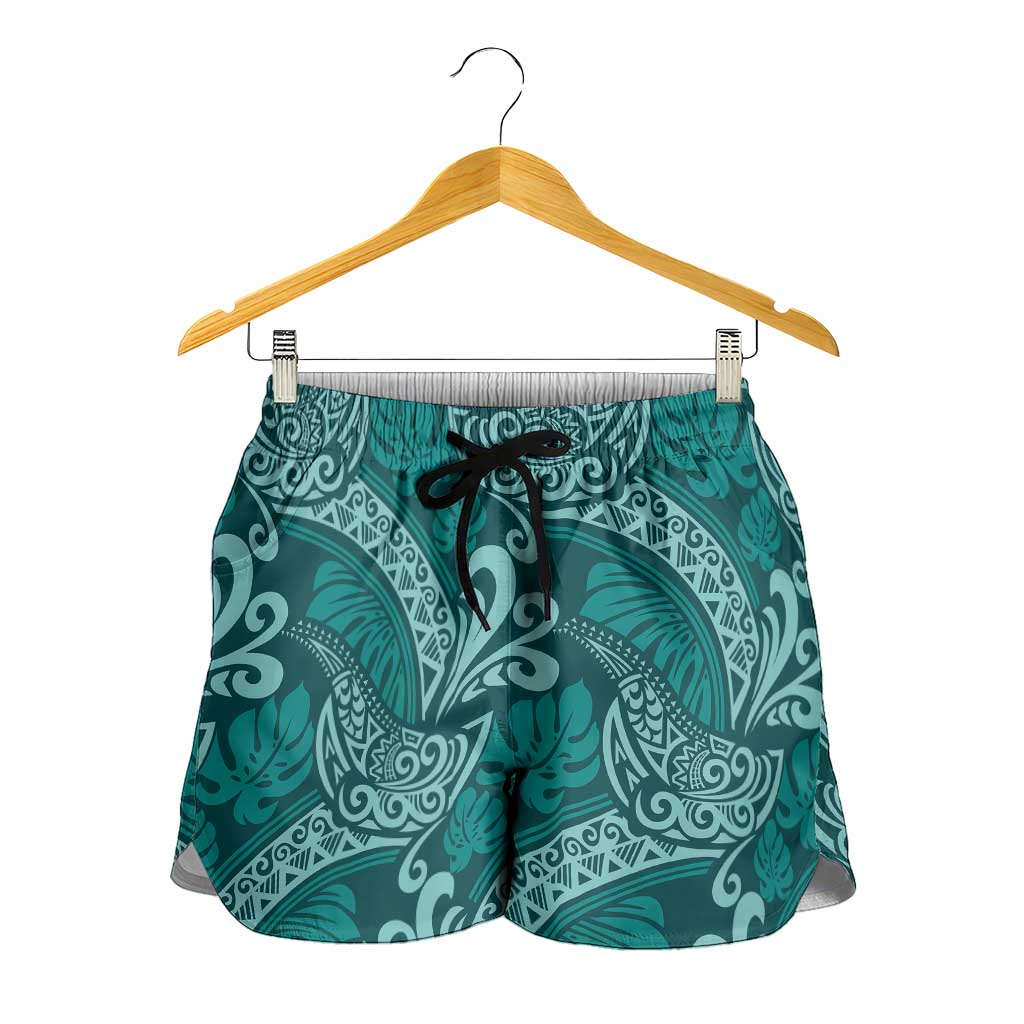 Teal Monstera Shorts for Women Polynesian Tribal Pattern - Polynesian Pride