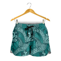 Teal Monstera Shorts for Women Polynesian Tribal Pattern - Polynesian Pride
