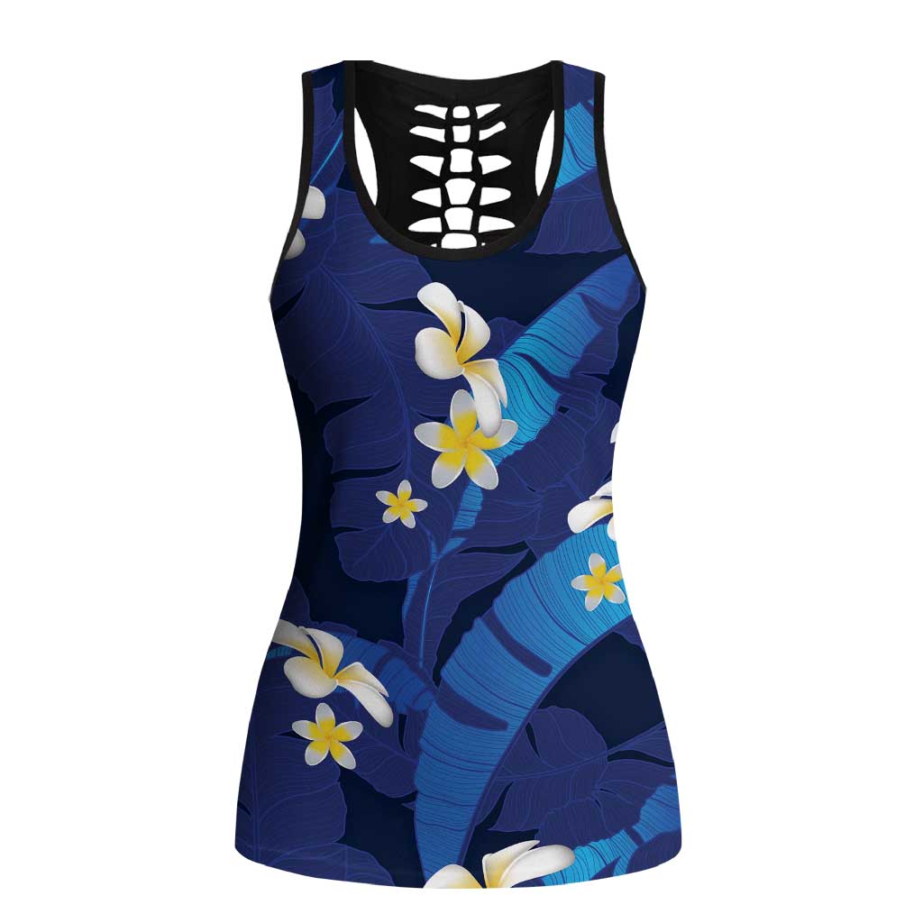 Teal Purple Banana Leaf Hawaii Hollow Tank Top Lau Maia Plumeria Tropical Summer Vibes