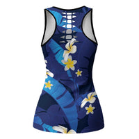 Teal Purple Banana Leaf Hawaii Hollow Tank Top Lau Maia Plumeria Tropical Summer Vibes
