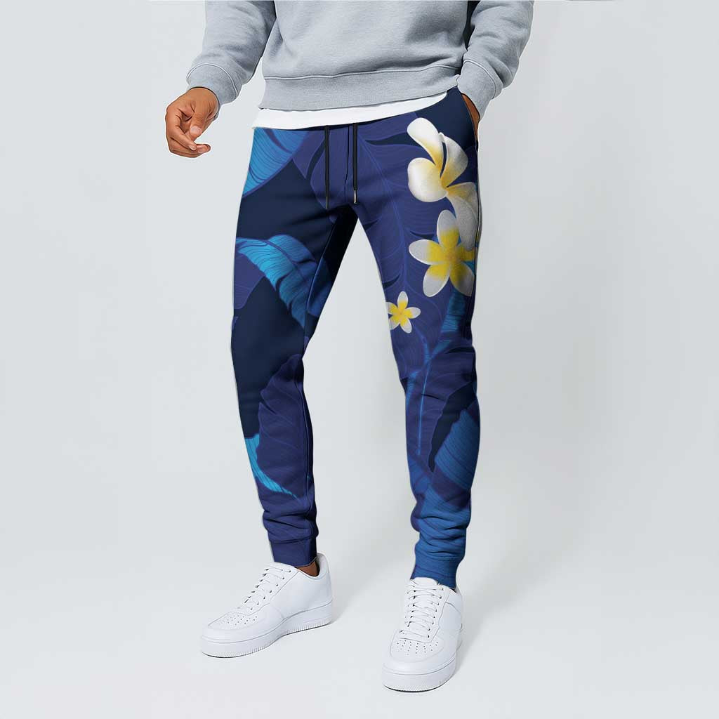 Teal Purple Banana Leaf Hawaii Jogger Pants Lau Maia Plumeria Tropical Summer Vibes
