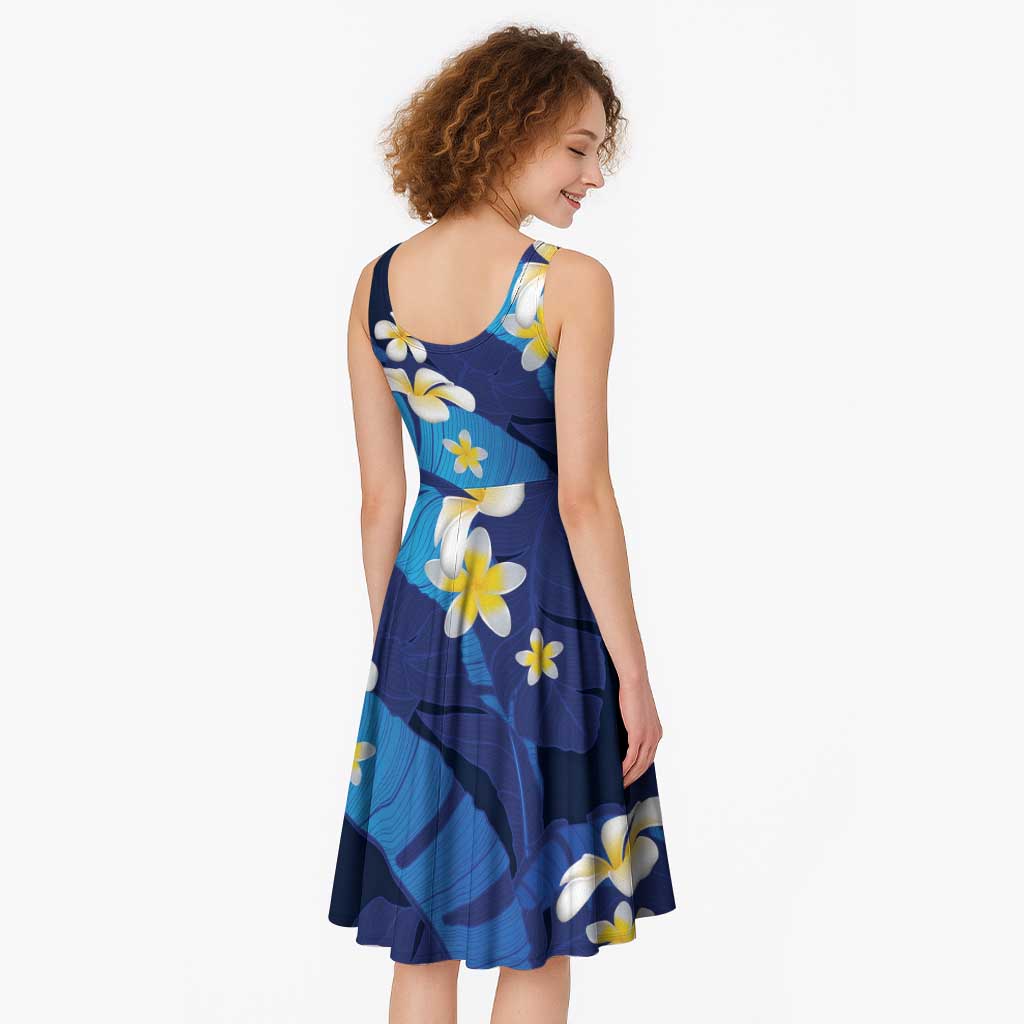 Teal Purple Banana Leaf Hawaii Midi Dress Lau Maia Plumeria Tropical Summer Vibes