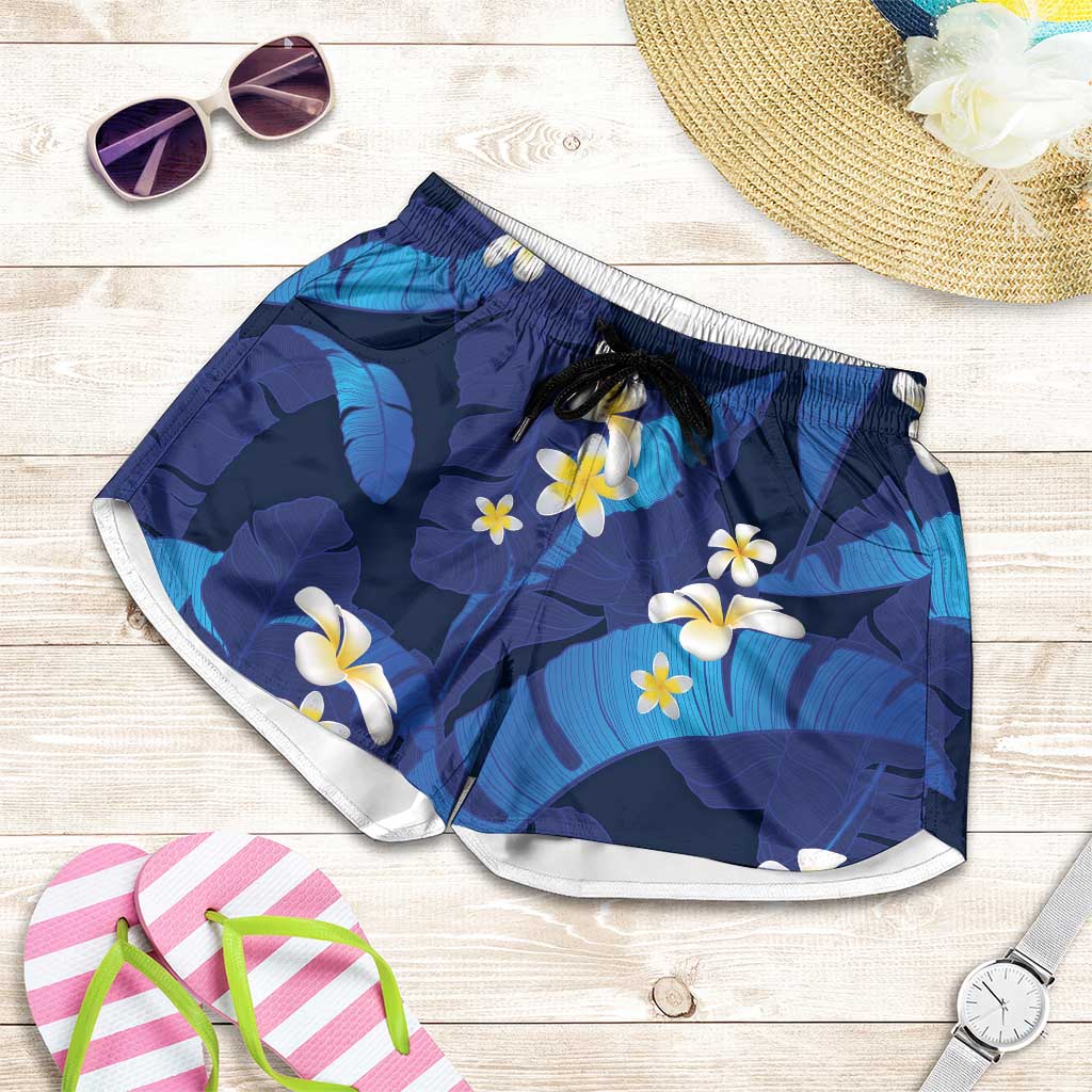 Teal Purple Banana Leaf Hawaii Shorts for Women Lau Maia Plumeria Tropical Summer Vibes