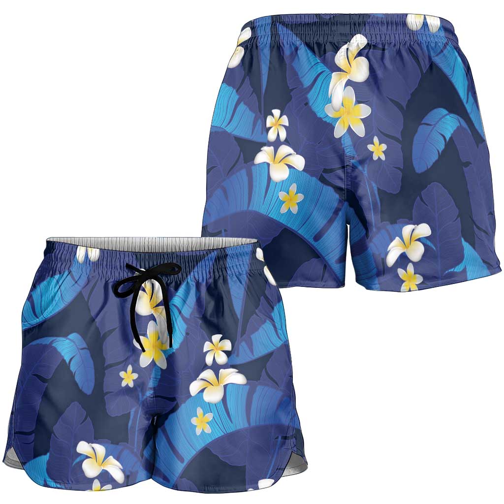 Teal Purple Banana Leaf Hawaii Shorts for Women Lau Maia Plumeria Tropical Summer Vibes