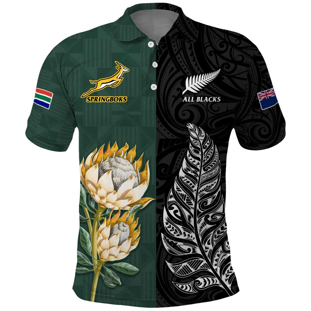 (Custom Text and Number) South Africa Protea and New Zealand Fern Polo Shirt Rugby Go Springboks vs All Black LT13