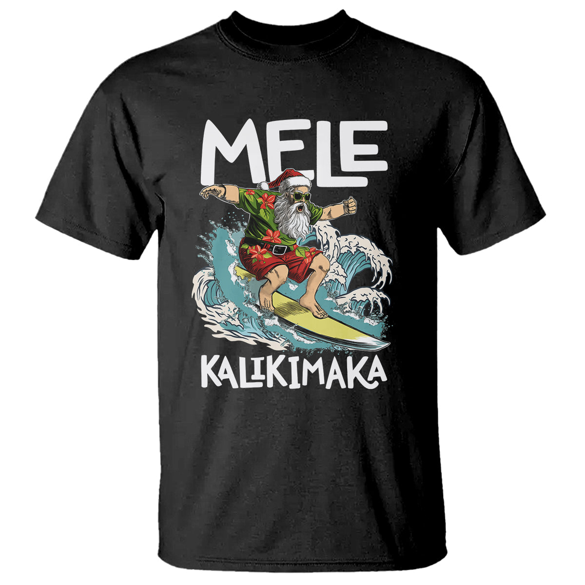 Mele Kalikimaka Tropical Hawaiian Christmas in Hawaii Surfing Santa T Shirt TS02 Black - Polynesian Pride