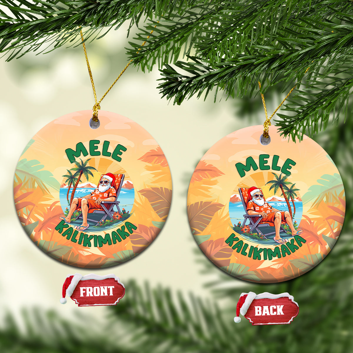 Hawaiian Christmas Ceramic Ornament Mele Kalikimaka Tropical Xmas in Hawaii Sunbath Santa TS02 Circle Orange - Polynesian Pride