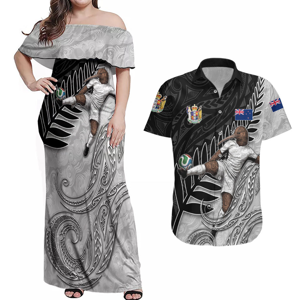 Personalized New Zealand Football Couples Matching Off Shoulder Maxi Dress and Hawaiian Shirt Kiwi Mascot with Silver Fern - Maori Tribal Tattoo Art