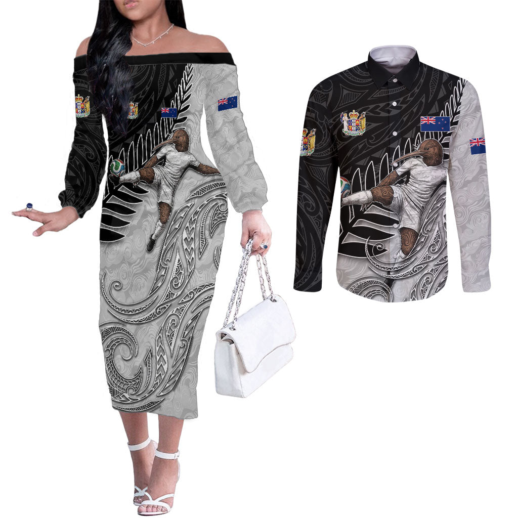 Personalized New Zealand Football Couples Matching Off The Shoulder Long Sleeve Dress and Long Sleeve Button Shirt Kiwi Mascot with Silver Fern - Maori Tribal Tattoo Art