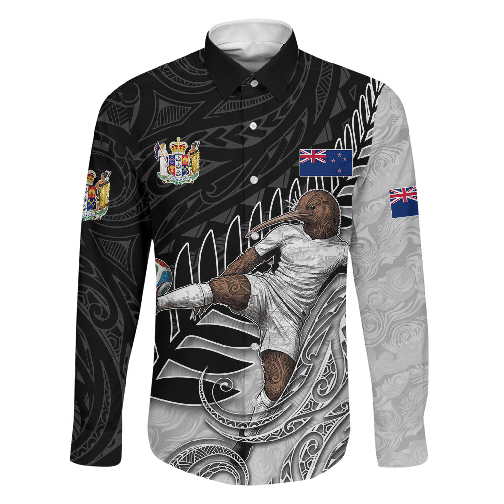 Personalized New Zealand Football Family Matching Mermaid Dress and Hawaiian Shirt Kiwi Mascot with Silver Fern - Maori Tribal Tattoo Art TS04 Dad's Shirt - Long Sleeve Black White - Polynesian Pride