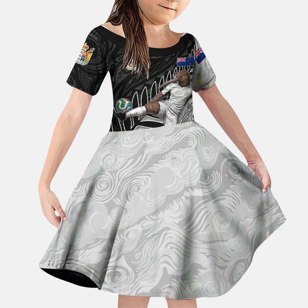 Personalized New Zealand Football Family Matching Short Sleeve Bodycon Dress and Hawaiian Shirt Kiwi Mascot with Silver Fern - Maori Tribal Tattoo Art TS04 Daughter's Dress Black White - Polynesian Pride