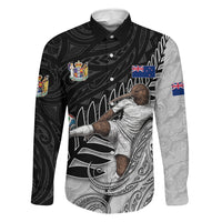 Personalized New Zealand Football Family Matching Summer Maxi Dress and Hawaiian Shirt Kiwi Mascot with Silver Fern - Maori Tribal Tattoo Art TS04 Dad's Shirt - Long Sleeve Black White - Polynesian Pride