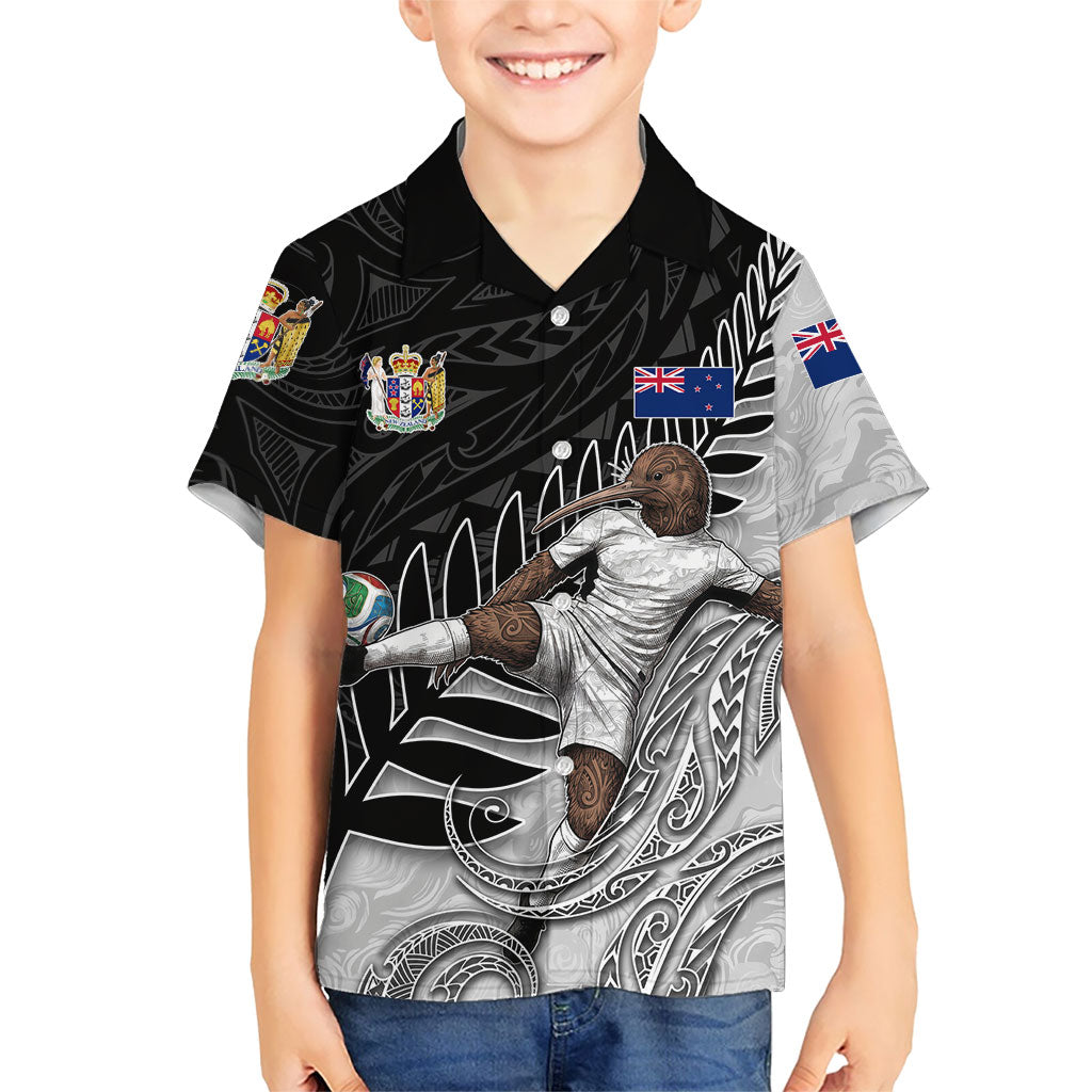 Personalized New Zealand Football Kid Hawaiian Shirt Kiwi Mascot with Silver Fern - Maori Tribal Tattoo Art