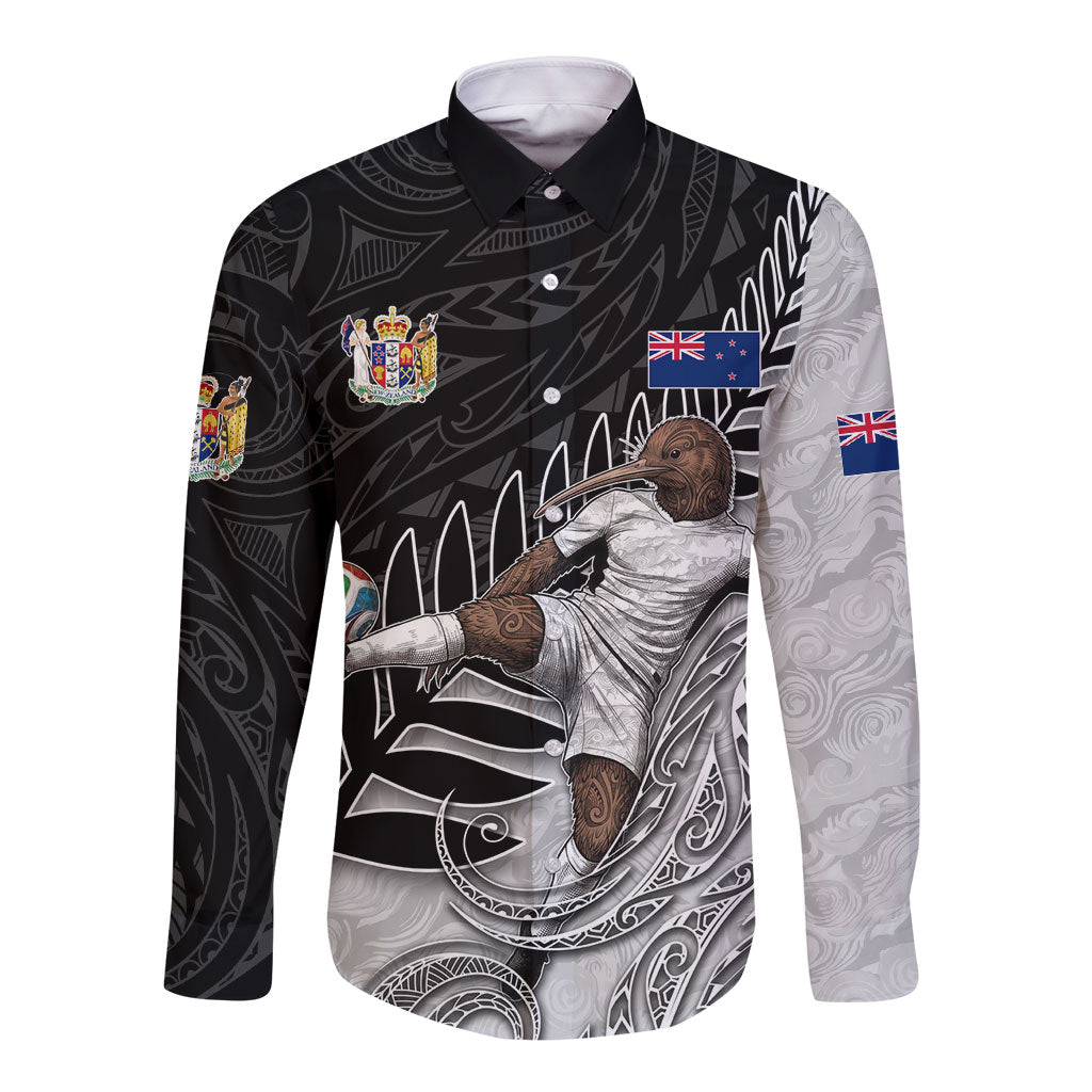 Personalized New Zealand Football Long Sleeve Button Shirt Kiwi Mascot with Silver Fern - Maori Tribal Tattoo Art