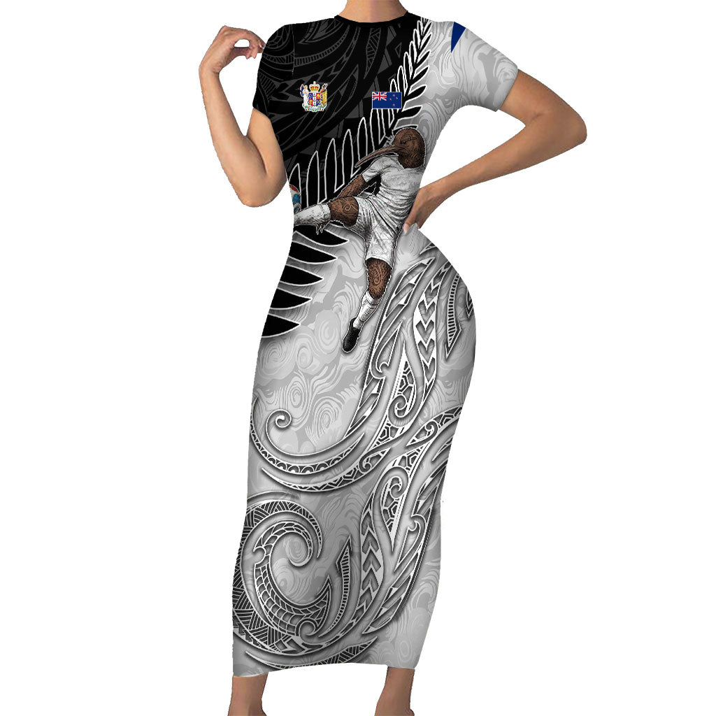 Personalized New Zealand Football Short Sleeve Bodycon Dress Kiwi Mascot with Silver Fern - Maori Tribal Tattoo Art