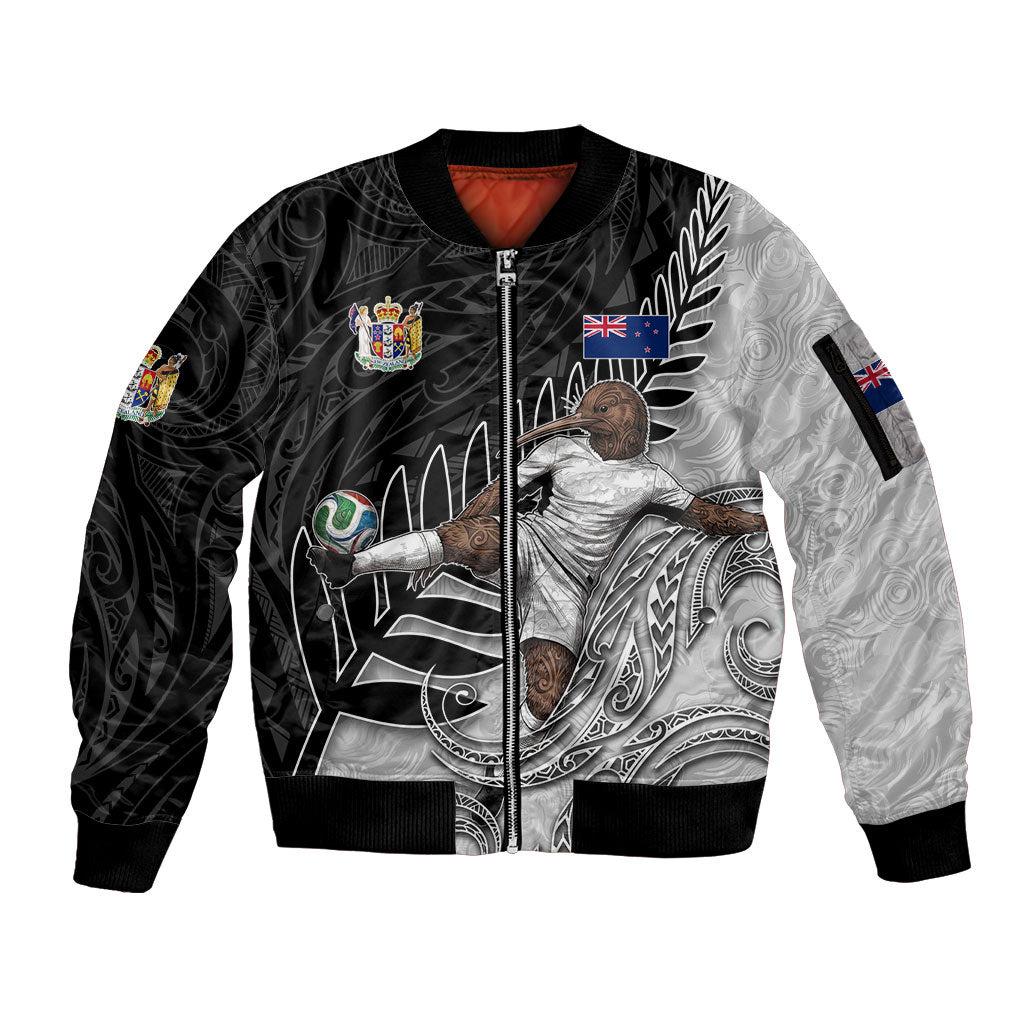 Personalized New Zealand Football Sleeve Zip Bomber Jacket Kiwi Mascot with Silver Fern - Maori Tribal Tattoo Art