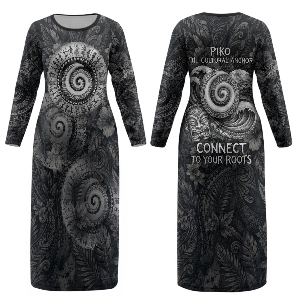 Hawaiian Piko Couples Matching Long Sleeve Bodycon Dress and Long Sleeve Button Shirt Cultural Anchor Connect Your Roots Ocean Waves