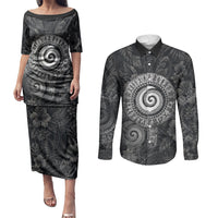 Hawaiian Piko Couples Matching Puletasi and Long Sleeve Button Shirt Cultural Anchor Connect Your Roots Ocean Waves