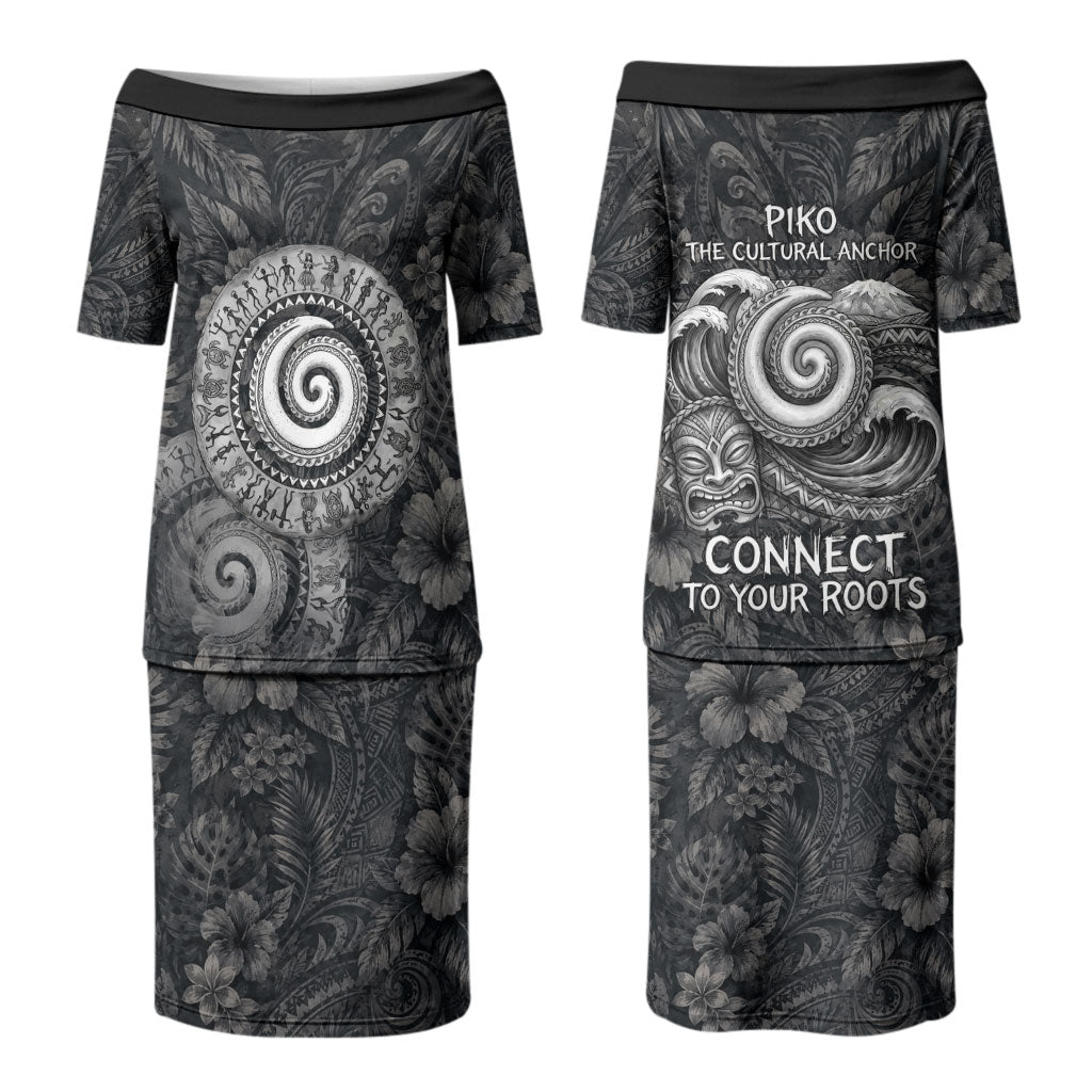 Hawaiian Piko Couples Matching Puletasi and Long Sleeve Button Shirt Cultural Anchor Connect Your Roots Ocean Waves